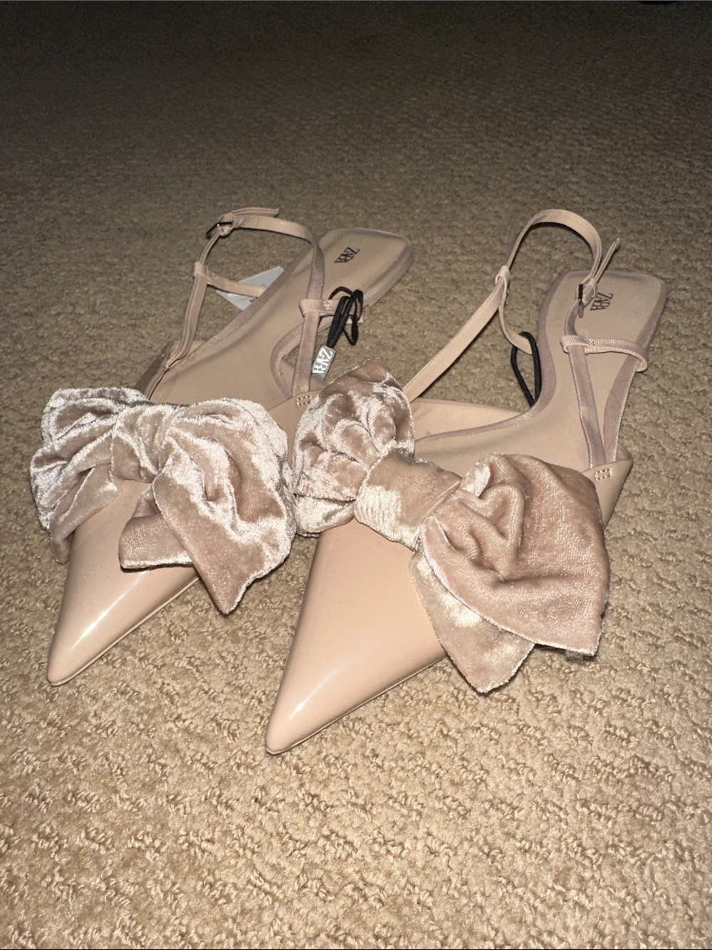 Zara Blush Patent Pointed Slingback Heels with Velvet Bow